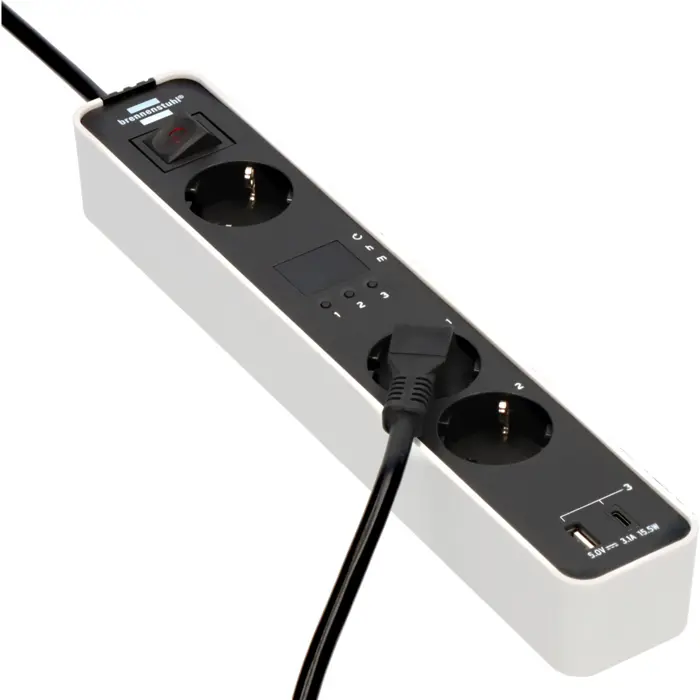 Brennenstuhl Ecolor 3-way power strip, 2x USB, with 3 countdown timers white/black, 1.5 meter cable, USB-A, USB-C, with safety switch