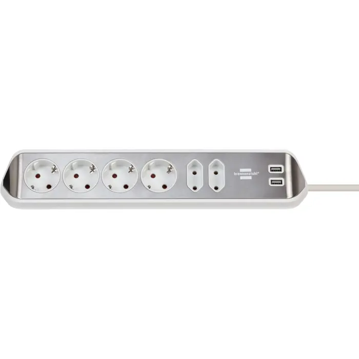 Brennenstuhl estilo corner power strip 6-way (white/stainless steel, 2 meters, 2x USB)