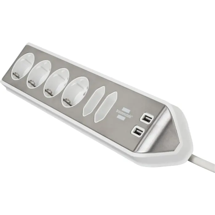 Brennenstuhl estilo corner power strip 6-way (white/stainless steel, 2 meters, 2x USB)