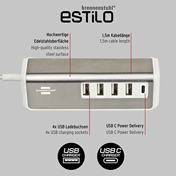 Brennenstuhl Estilo USB multi-charger (white/stainless steel, 5x USB, PD 20 Watt)