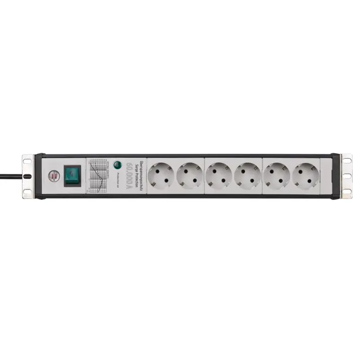 Brennenstuhl Premium-Line 6-way power strip, 19" format, black/light grey, 3 meters, 60,000A surge protection