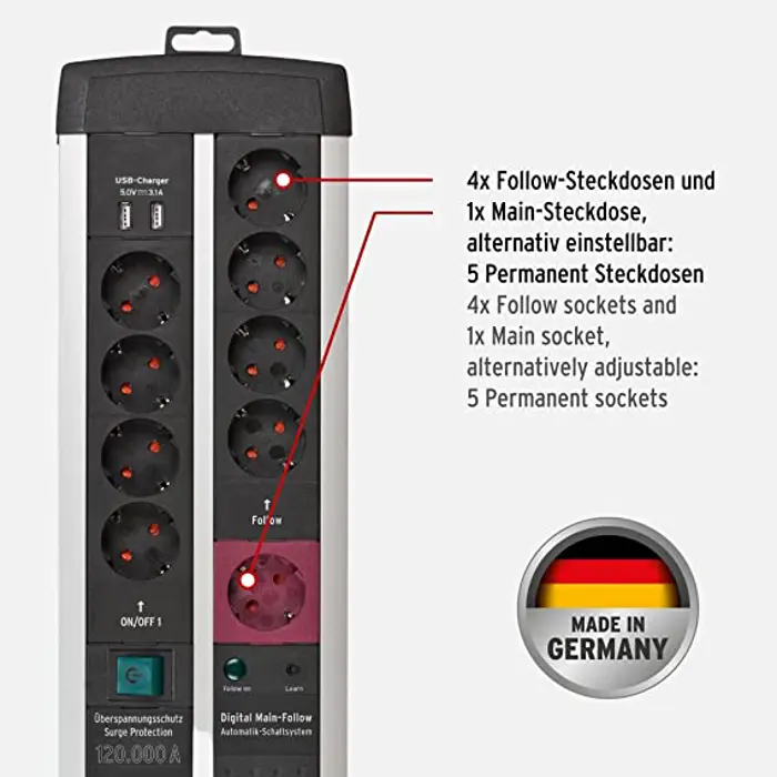 Brennenstuhl Premium-Protect-Line, 11-way duo, power strip (black/silver, 120,000A surge protection, 3 meters)