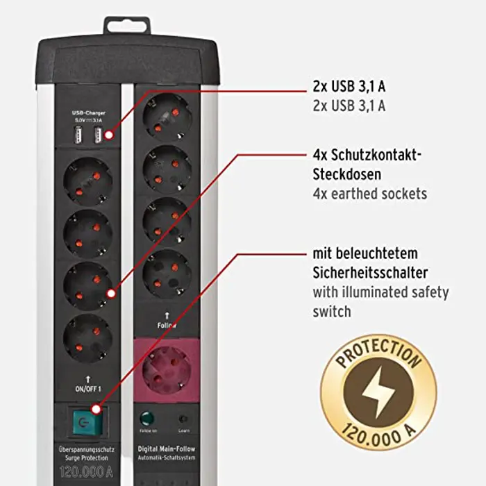 Brennenstuhl Premium-Protect-Line, 11-way duo, power strip (black/silver, 120,000A surge protection, 3 meters)