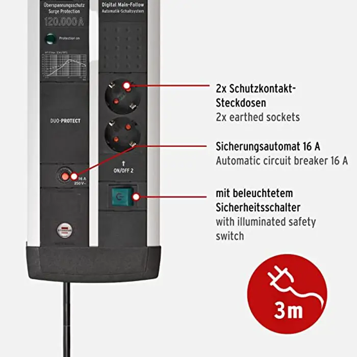 Brennenstuhl Premium-Protect-Line, 11-way duo, power strip (black/silver, 120,000A surge protection, 3 meters)