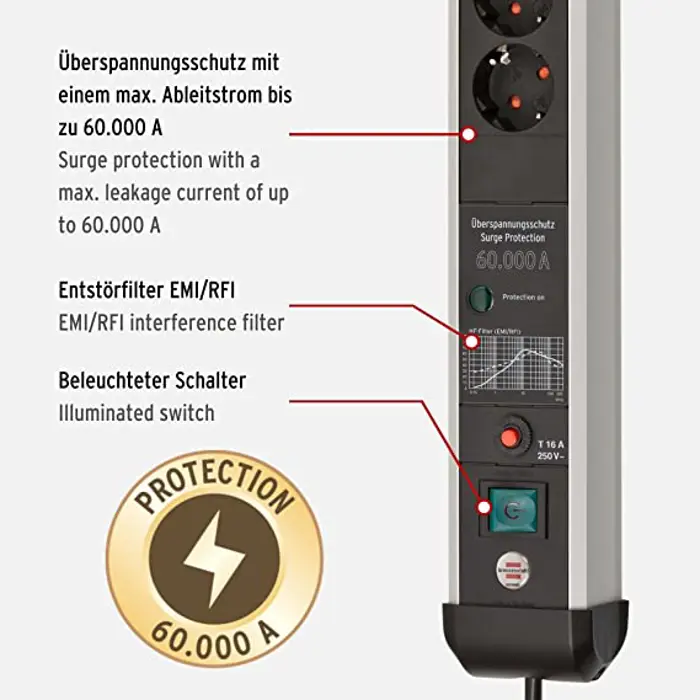 Brennenstuhl Premium Protect Line 4-way, power strip (black/silver, 60,000 A surge protection, 3 meters)