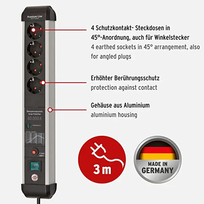 Brennenstuhl Premium Protect Line 4-way, power strip (black/silver, 60,000 A surge protection, 3 meters)