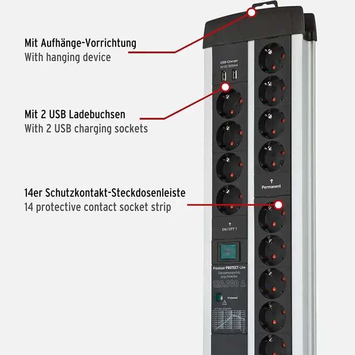 Brennenstuhl Premium-Protect-Line Duo gaming power strip 14-way (black/silver, 120,000 A surge protection, 2x USB-A, 3 meters)
