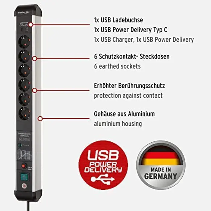 Brennenstuhl Premium-Protect-Line power strip 6-way (black/silver, 60,000 A surge protection, 3 meters, with USB Power Delivery)