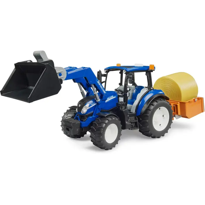 bruder BRUDER New Holland T5.120 with front loader, loading box, forks and round bales, model vehicle