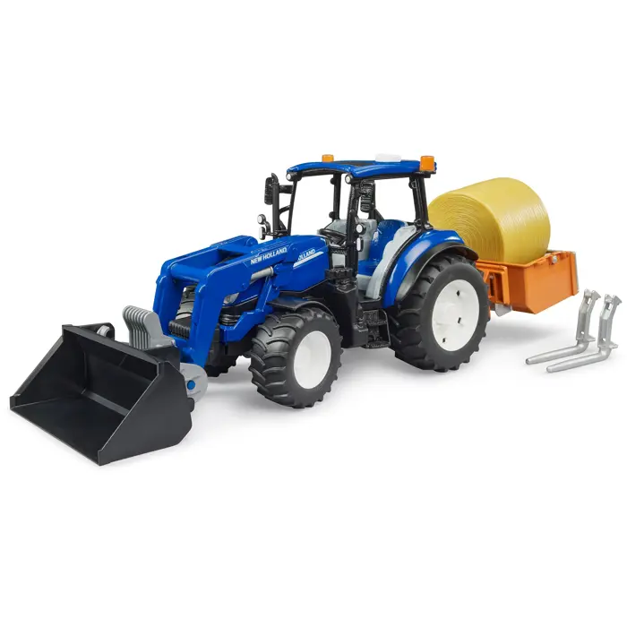 bruder BRUDER New Holland T5.120 with front loader, loading box, forks and round bales, model vehicle