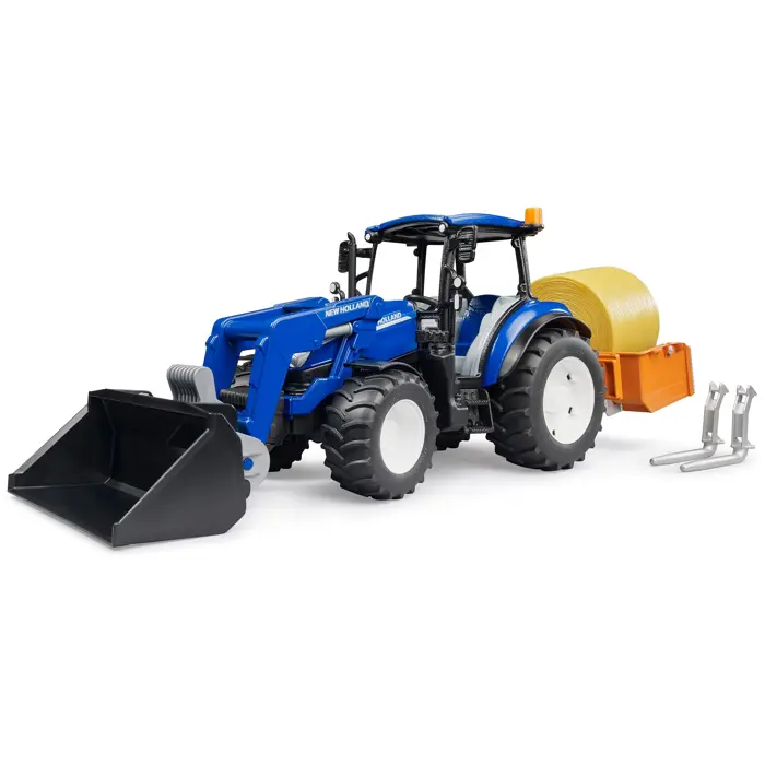 bruder BRUDER New Holland T5.120 with front loader, loading box, forks and round bales, model vehicle