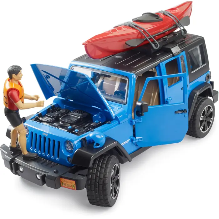 bruder Jeep Wrangler Rubicon Unlimited with kayak and figure, model vehicle