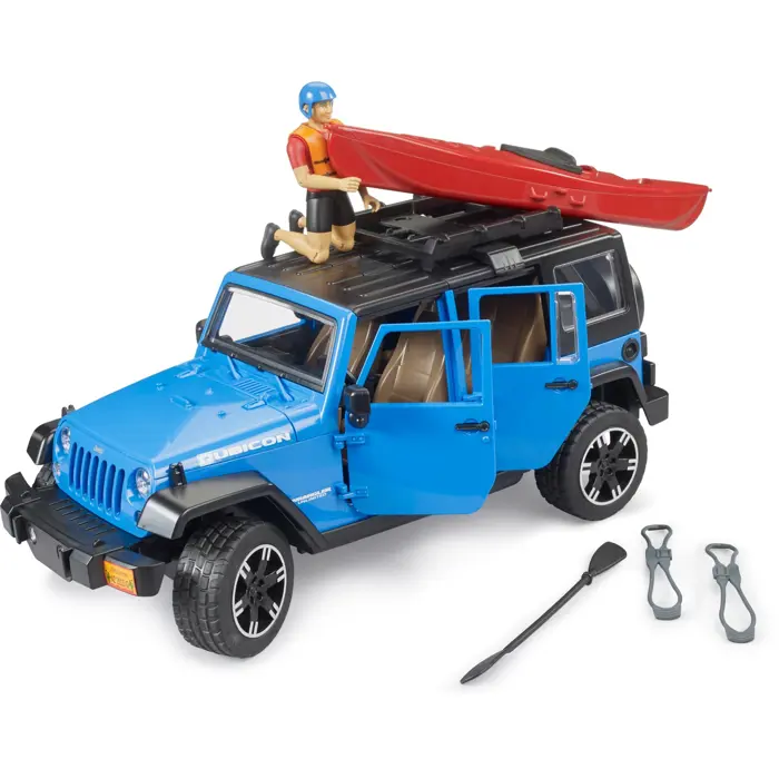 bruder Jeep Wrangler Rubicon Unlimited with kayak and figure, model vehicle