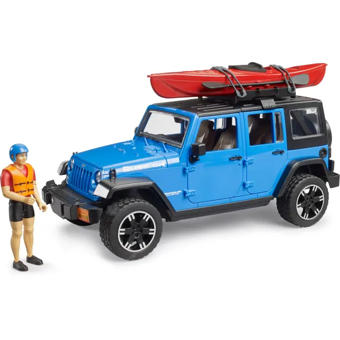 bruder Jeep Wrangler Rubicon Unlimited with kayak and figure, model vehicle