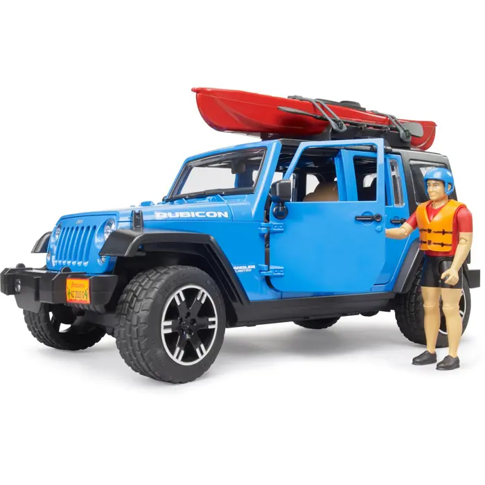 bruder Jeep Wrangler Rubicon Unlimited with kayak and figure, model vehicle