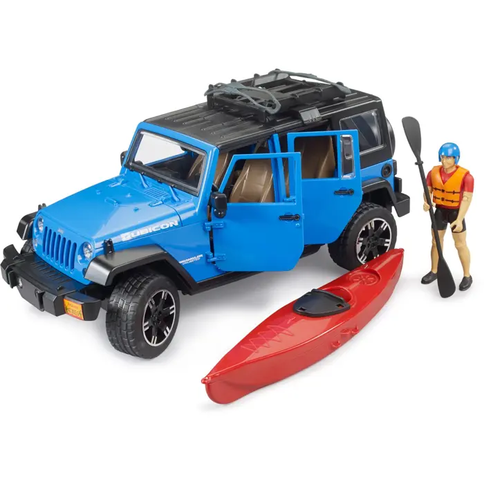 bruder Jeep Wrangler Rubicon Unlimited with kayak and figure, model vehicle