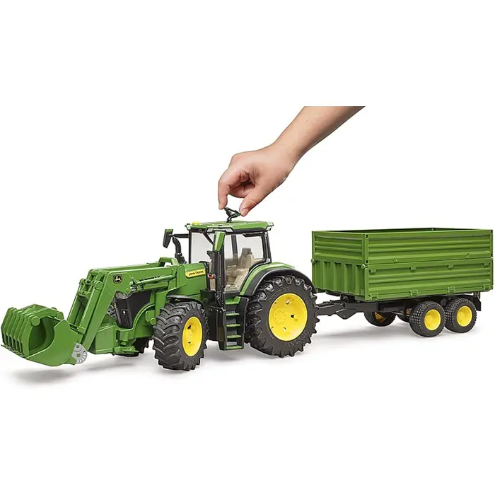 Bruder John Deere 7R 350 with front loader and tandem axle transport trailer, model vehicle