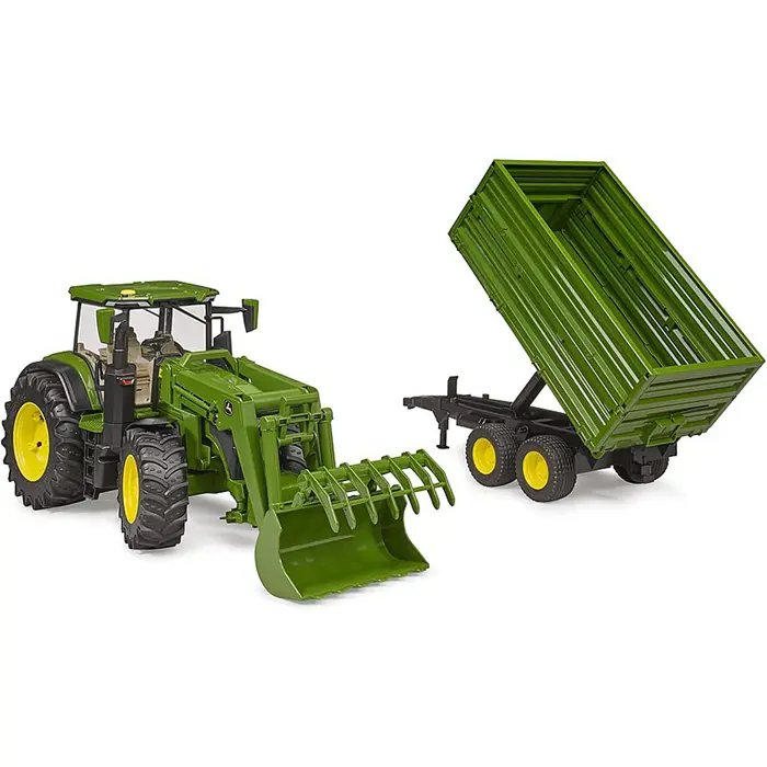 Bruder John Deere 7R 350 with front loader and tandem axle transport trailer, model vehicle