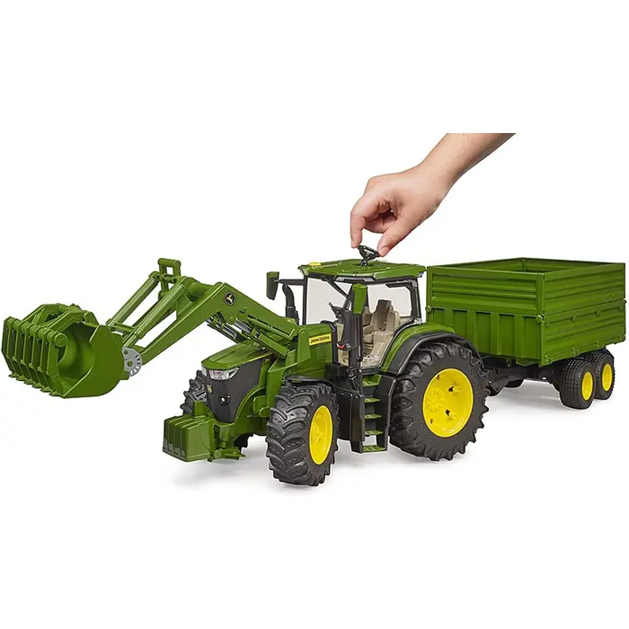 Bruder John Deere 7R 350 with front loader and tandem axle transport trailer, model vehicle