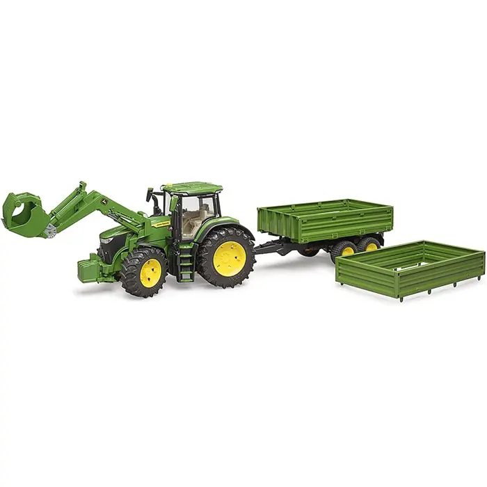 Bruder John Deere 7R 350 with front loader and tandem axle transport trailer, model vehicle