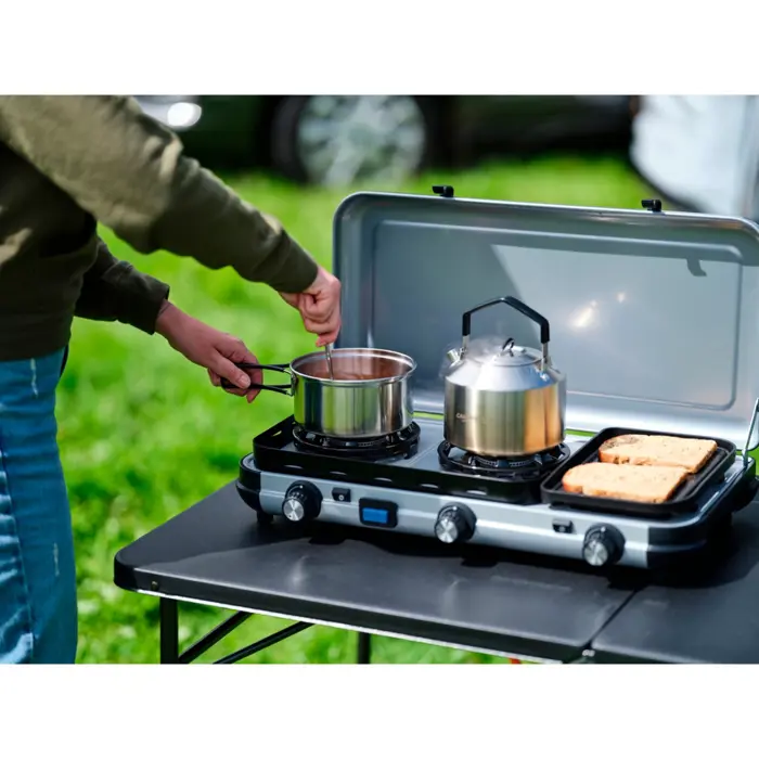 Campingaz Camping Kitchen 2 Multi Cook, gas cooker (grey, 2 hobs 2x 1.8 kW + grill plate 0.9 kW)