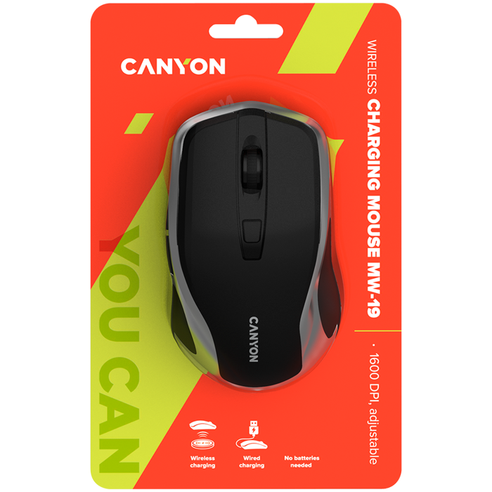 CANYON MW-19, 2.4GHz Wireless Rechargeable Mouse with Pixart sensor, 6keys, Silent switch for right/left keys,DPI: 800/1200/1600, Max. usage 50 hours for one time full charged, 300mAh Li-poly battery,