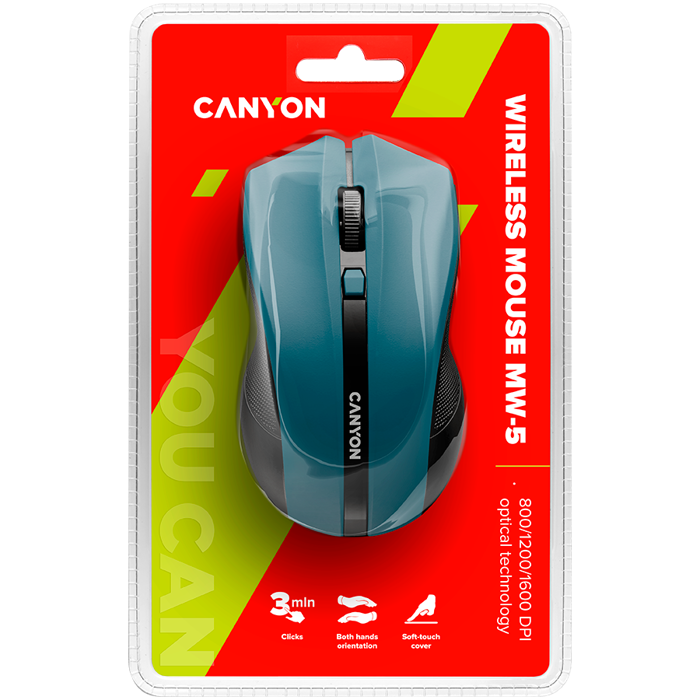 CANYON MW-5 2.4GHz wireless Optical Mouse with 4 buttons, DPI 800/1200/1600, Blue, 122*69*40mm, 0.067kg