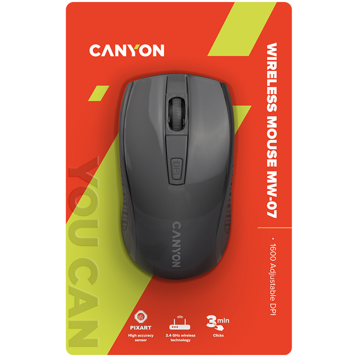 CANYON MW-7, 2.4Ghz wireless mouse, 6 buttons, DPI 800/1200/1600, with 1 AA battery ,size 110*60*37mm,58g,black