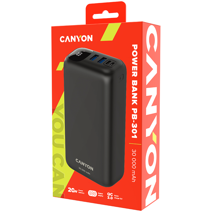 CANYON PB - 301, Power bank 30000mAh Li-poly battery, Input Micro: DC5V/2A, 9V/2A Input Type c PD :DC5V/3A, 9V/2A Output Type C PD:5V/3A,9V/2.2A,12V/1.5AOutput USB A1+USBA 2: 5V3A,5V/4.5A,4.5V/5A,9V2A