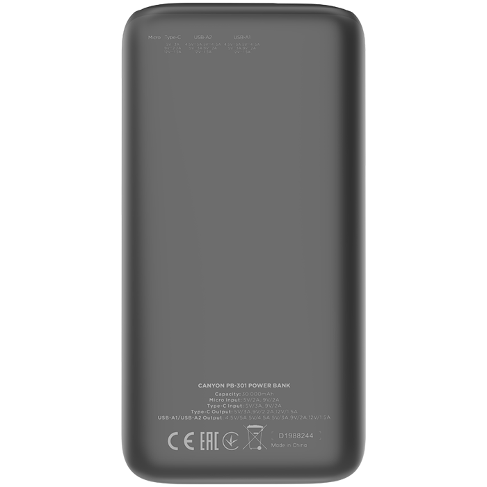 CANYON PB - 301, Power bank 30000mAh Li-poly battery, Input Micro: DC5V/2A, 9V/2A Input Type c PD :DC5V/3A, 9V/2A Output Type C PD:5V/3A,9V/2.2A,12V/1.5AOutput USB A1+USBA 2: 5V3A,5V/4.5A,4.5V/5A,9V2A