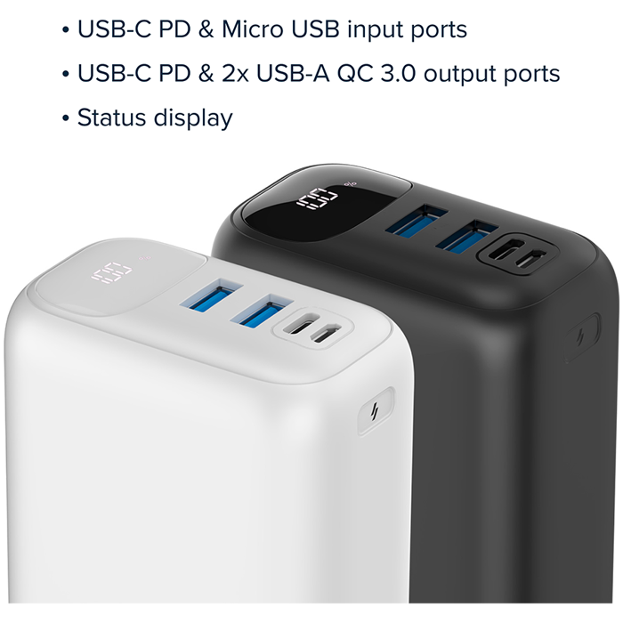 CANYON PB - 301, Power bank 30000mAh Li-poly battery, Input Micro: DC5V/2A, 9V/2A Input Type c PD :DC5V/3A, 9V/2A Output Type C PD:5V/3A,9V/2.2A,12V/1.5AOutput USB A1+USBA 2: 5V3A,5V/4.5A,4.5V/5A,9V2A