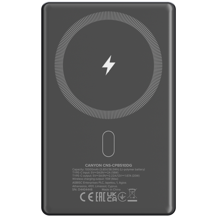 CANYON power bank OnPower 510 slim Magsafe 10000 mAh PD20W Dark Grey