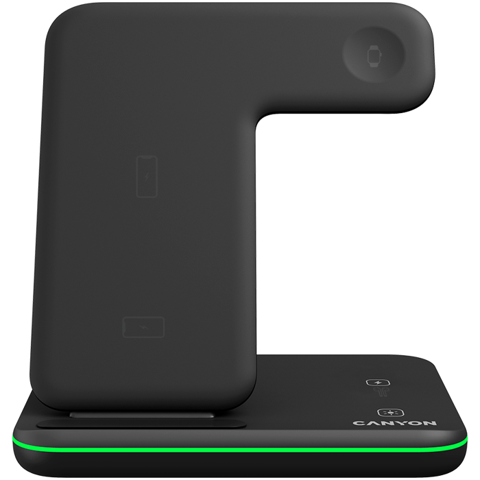 CANYON WS-303 3in1 Wireless charger, with touch button for Running water light, Input 9V/2A, 12V/2A, Output 15W/10W/7.5W/5W, Type c to USB-A cable length 1.2m, 137*103*140mm, 0.195Kg, Black