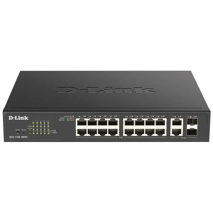 D-Link DGS-1100-18PV2 network switch Managed L2 Gigabit Ethernet (10/100/1000) Power over Ethernet (PoE) 1U Black