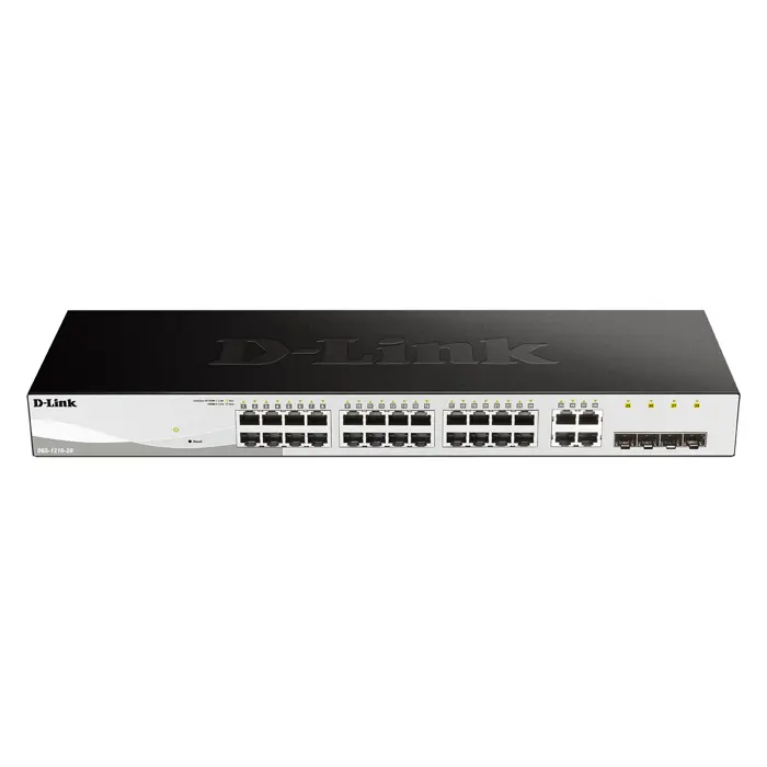 D-LINK DGS-1210-28, Gigabit Smart Switch with 24 10/100/1000Base-T ports and 4 Gigabit MiniGBIC (SFP) ports, 802.3x Flow Control, 802.3ad Link Aggregation, 802.1Q VLAN, 802.1p Priority Queues, Port mi