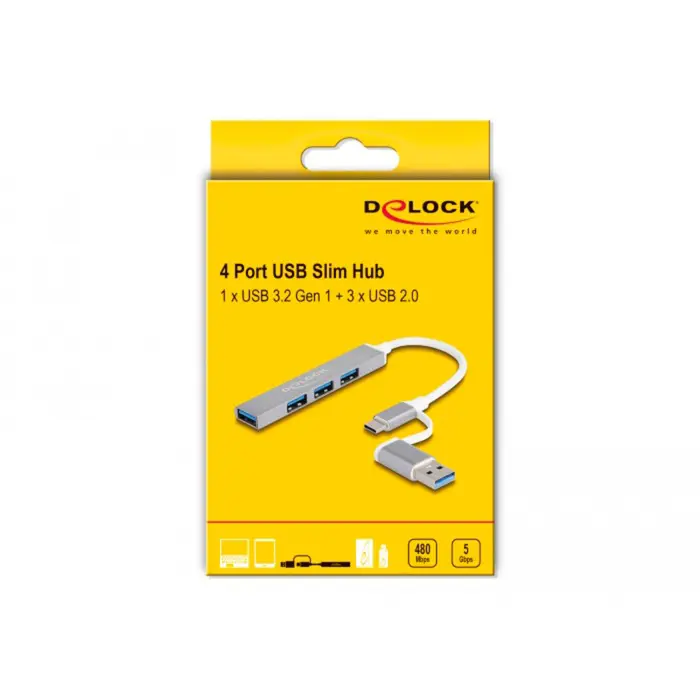 DeLOCK 4 Port Slim USB Hub with USB Type-C or USB Type-A, USB hub