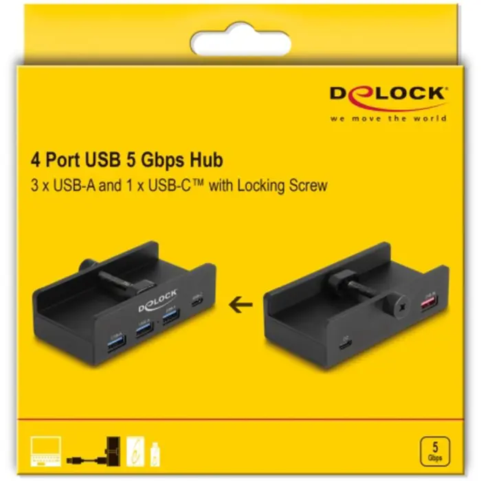 DeLOCK External USB 5 Gbps 4 Port Hub 3 x USB Type-A and 1 x USB Type-CTM with locking screw, USB Hub black