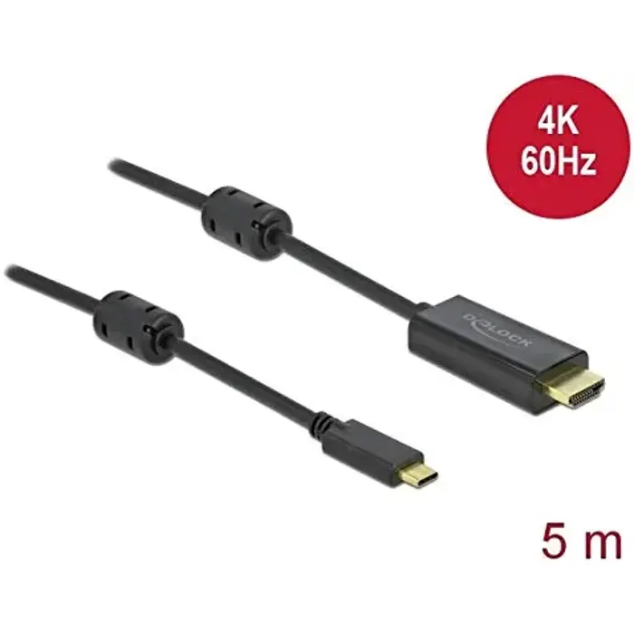 DeLOCK USB adapter cable, USB-C plug > HDMI 4K plug (black, 5 meters, active cable)