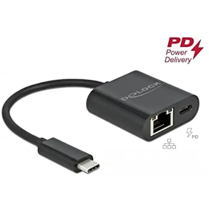 DeLOCK USB-C adapter> Gigabit LAN + PW black - LAN 10/100/1000 Mbps with Power Delivery