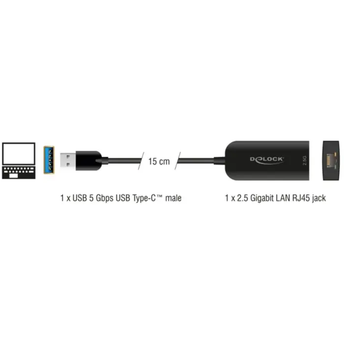 DeLOCK USB Type-A Adapter to 2.5 Gigabit, LAN Adapter black