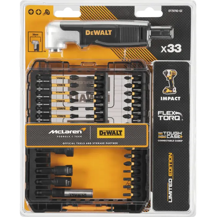 DEWALT FLEXTORQ bit set DT70782, 33 pieces, in McLaren design including angle attachment with base head and handle, in TOUGH CASE