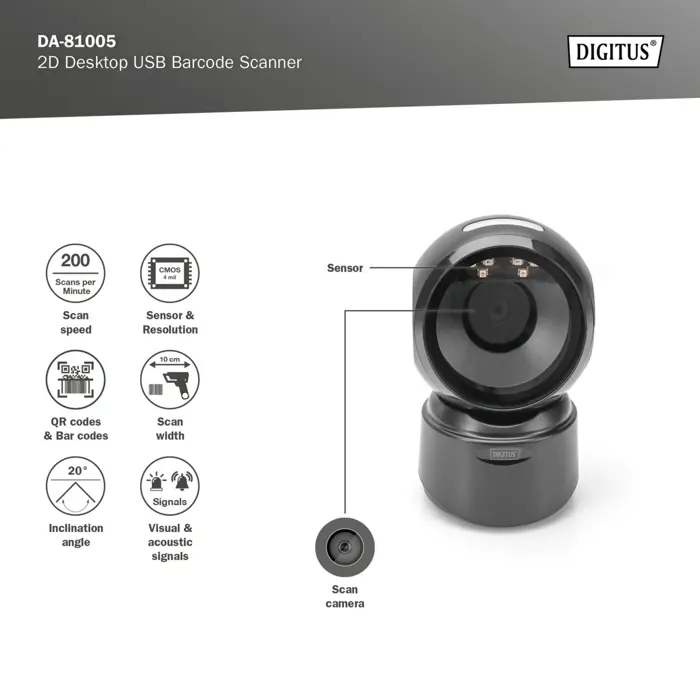 Digitus 1D 2D Desktop USB Barcode Scanner (black, QR code compatible)