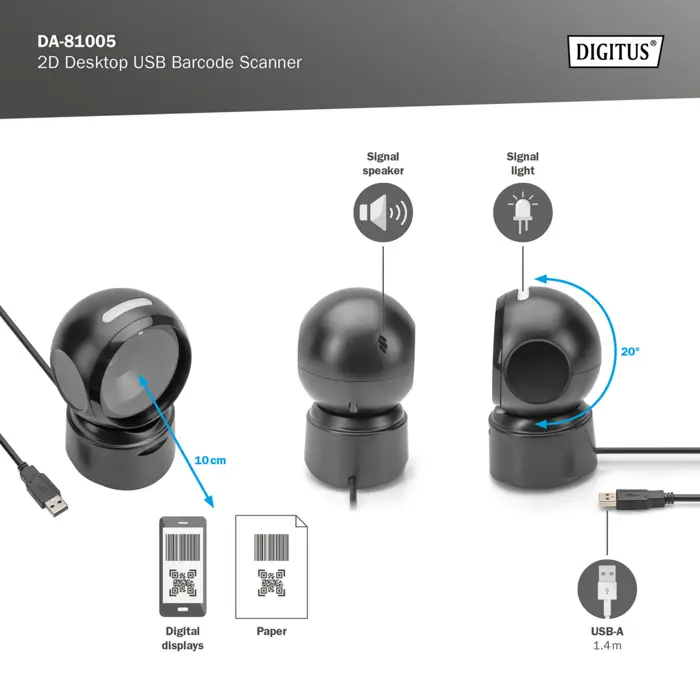 Digitus 1D 2D Desktop USB Barcode Scanner (black, QR code compatible)