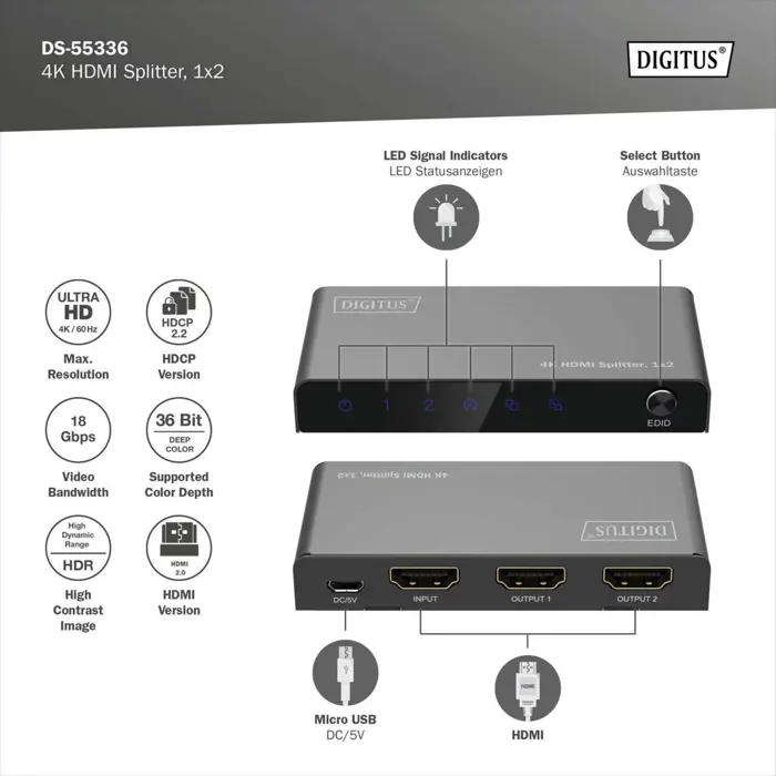 Digitus 4K HDMI Splitter, 1x2 (black, with downscaler)