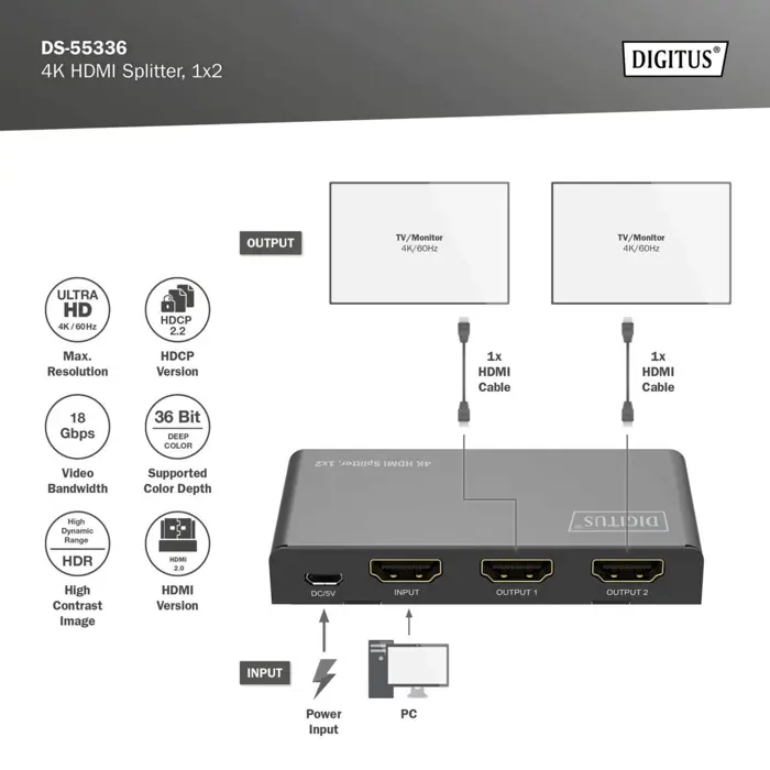 Digitus 4K HDMI Splitter, 1x2 (black, with downscaler)