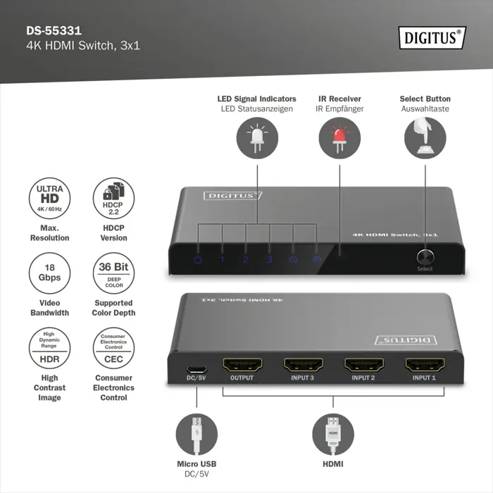 Digitus 4K HDMI Switch 3x1
