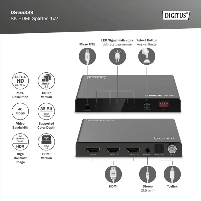 Digitus 8K HDMI Splitter, 1x2 (black, with downscaler)