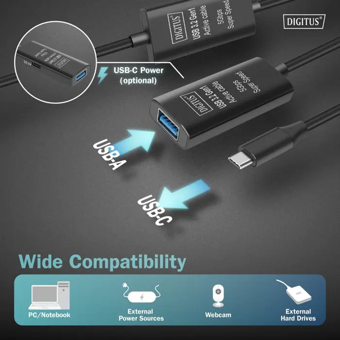 Digitus Active USB 3.2 Gen 1 extension cable, USB-C male > USB-A female (black, 10 meters, repeater cable)