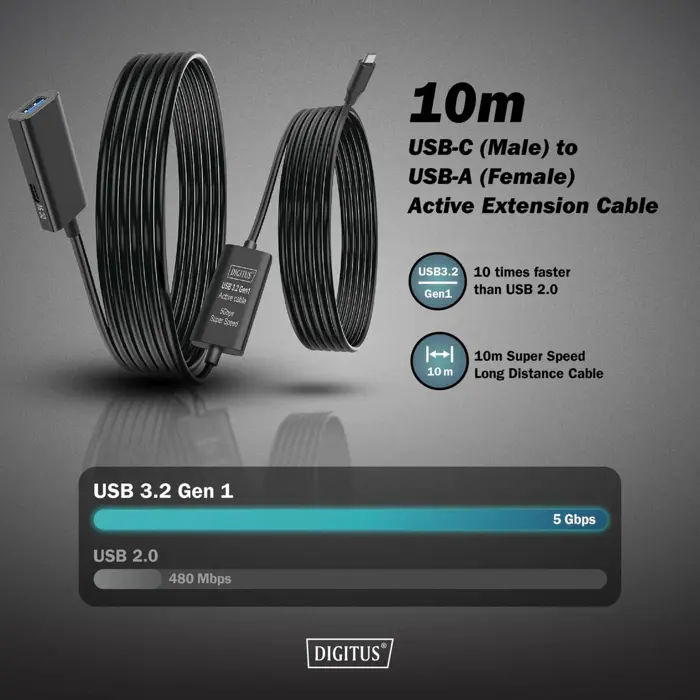 Digitus Active USB 3.2 Gen 1 extension cable, USB-C male > USB-A female (black, 10 meters, repeater cable)
