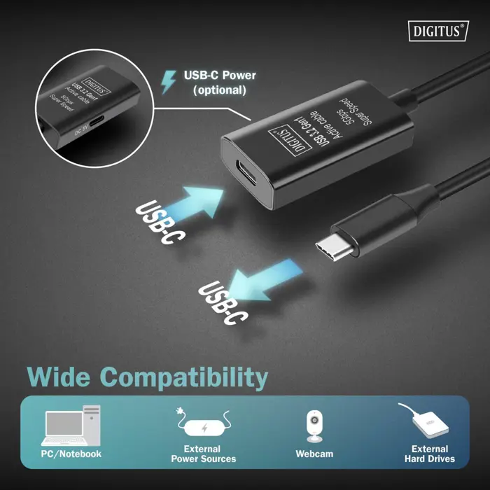 Digitus Active USB 3.2 Gen 1 extension cable, USB-C male > USB-C female (black, 5 meters, repeater cable)
